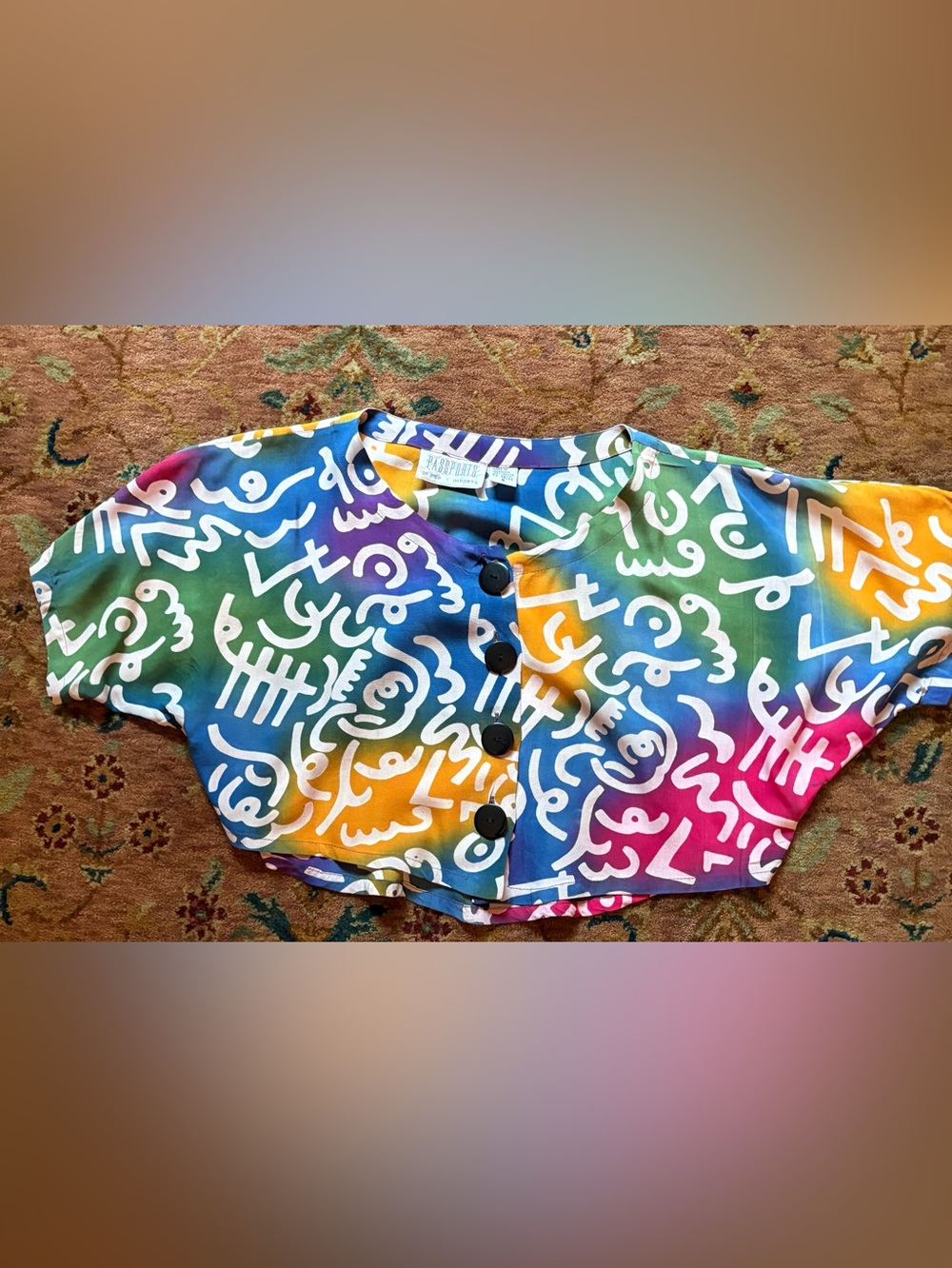 Pier 1 Passports Vintage Batik Abstract Art Cropped Top Shirt 80s